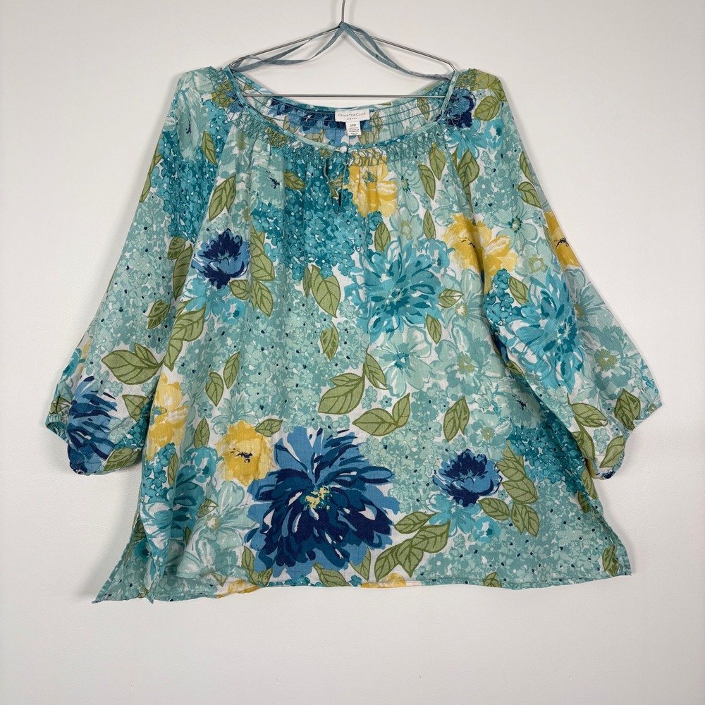 Charter Club Woman Blouse 24W Teal Floral 100% Linen Smocked Neck 3/4 Sleeve